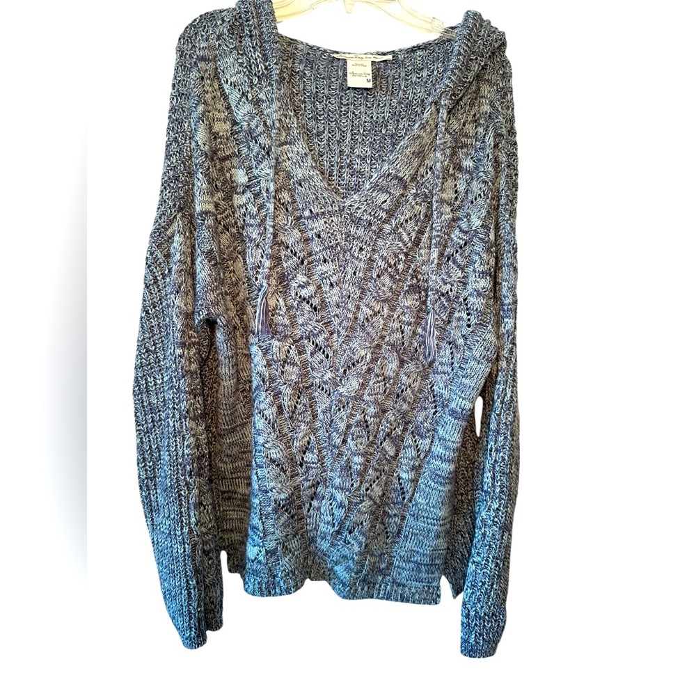 Beautiful‎ and soft Blue Hooded Sweater with Embroidered Look Front.
